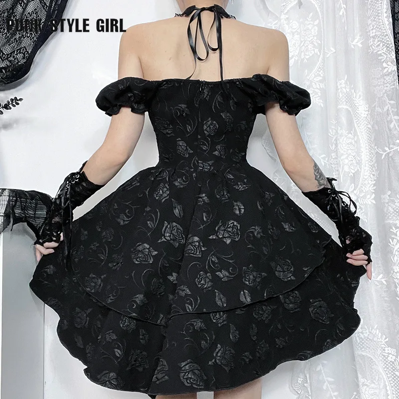 Mall Goth Hotsweet Women Vintage Lolita Dress Steampunk Aesthetic Fairycore Grunge Florals Printed High Waist Haler Party Dress