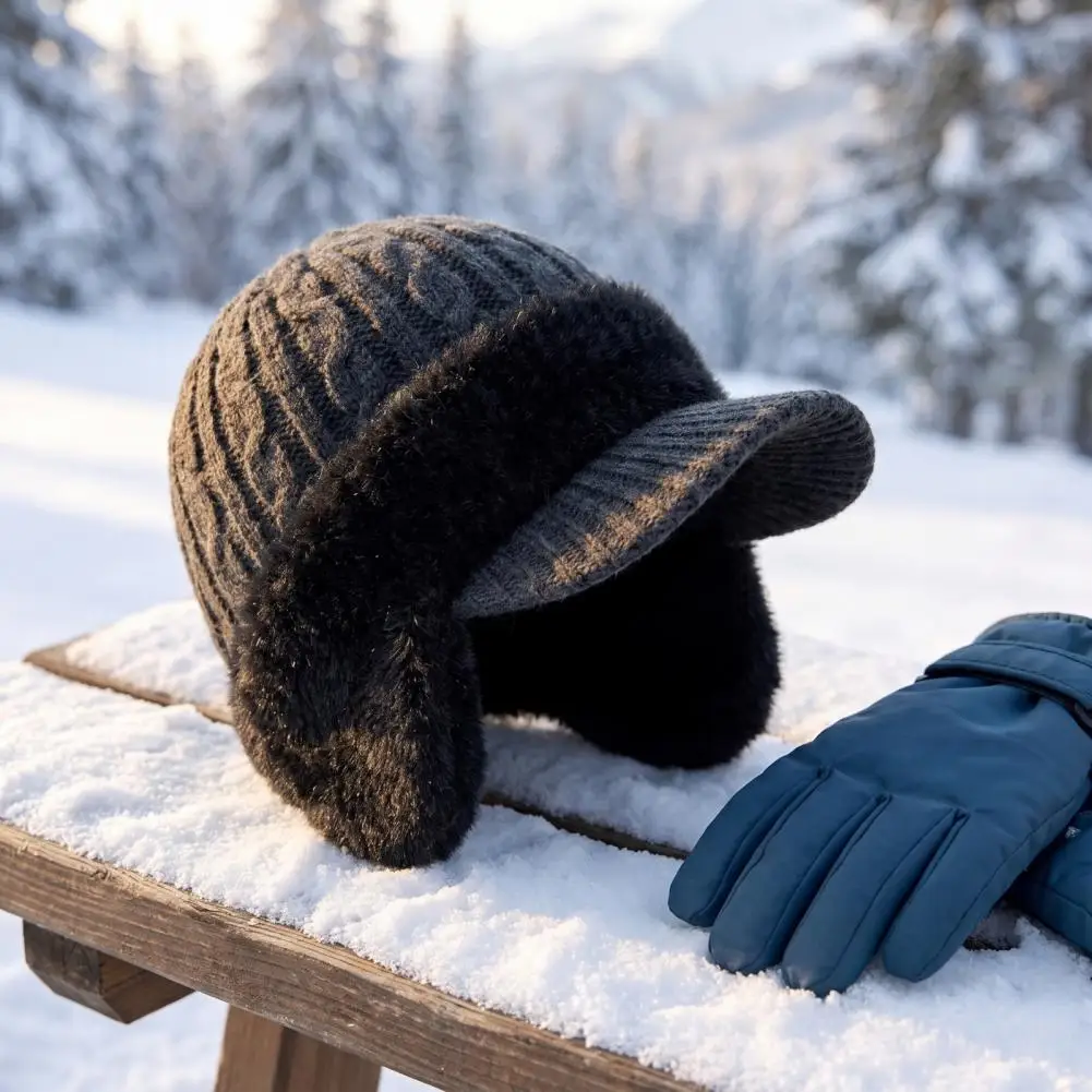 Heavy Duty Winter Hat for Golfing Winter Hat with Brim Ear Flaps Fleece Lined Knitted Cap Warm Visor Hat for Men Women Weather