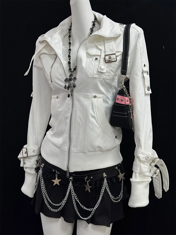 سترات هاراجوكو الخارجية للسيدات بأكمام طويلة ملابس ضيقة Y2k معاطف قصيرة سوداء سترات أمريكية عتيقة قطع علوية من Gotihc