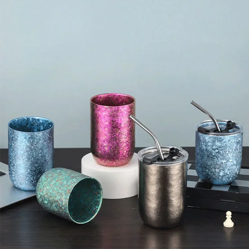 260/360ML Eggshell Water Cup With Lid And Stainless Steel Straw,Double Layer Pure Titanium Insulated,Crystal,U-shaped Beer Mug