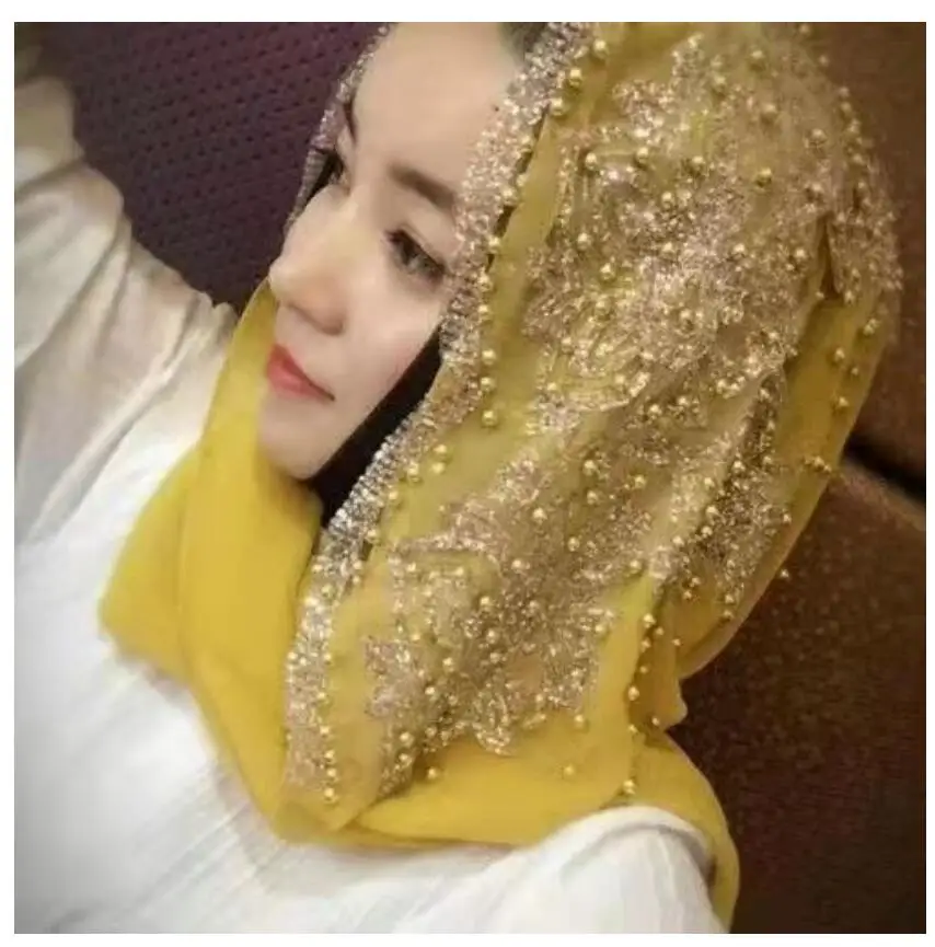 Muslim Chiffon Hijab Beaded Femme Musulman Gold Diamonds Sequins Long Scarf Hijabs Hoofddoek Fashion Plain Turbante