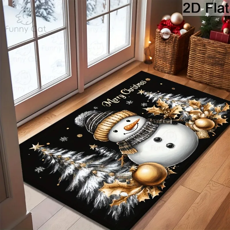 Black Christmas Snowman Golden Holly Ball Snowflake Flannel Doormat Anti Slip Front Door Mat Holiday Home Entrance Decor Rug