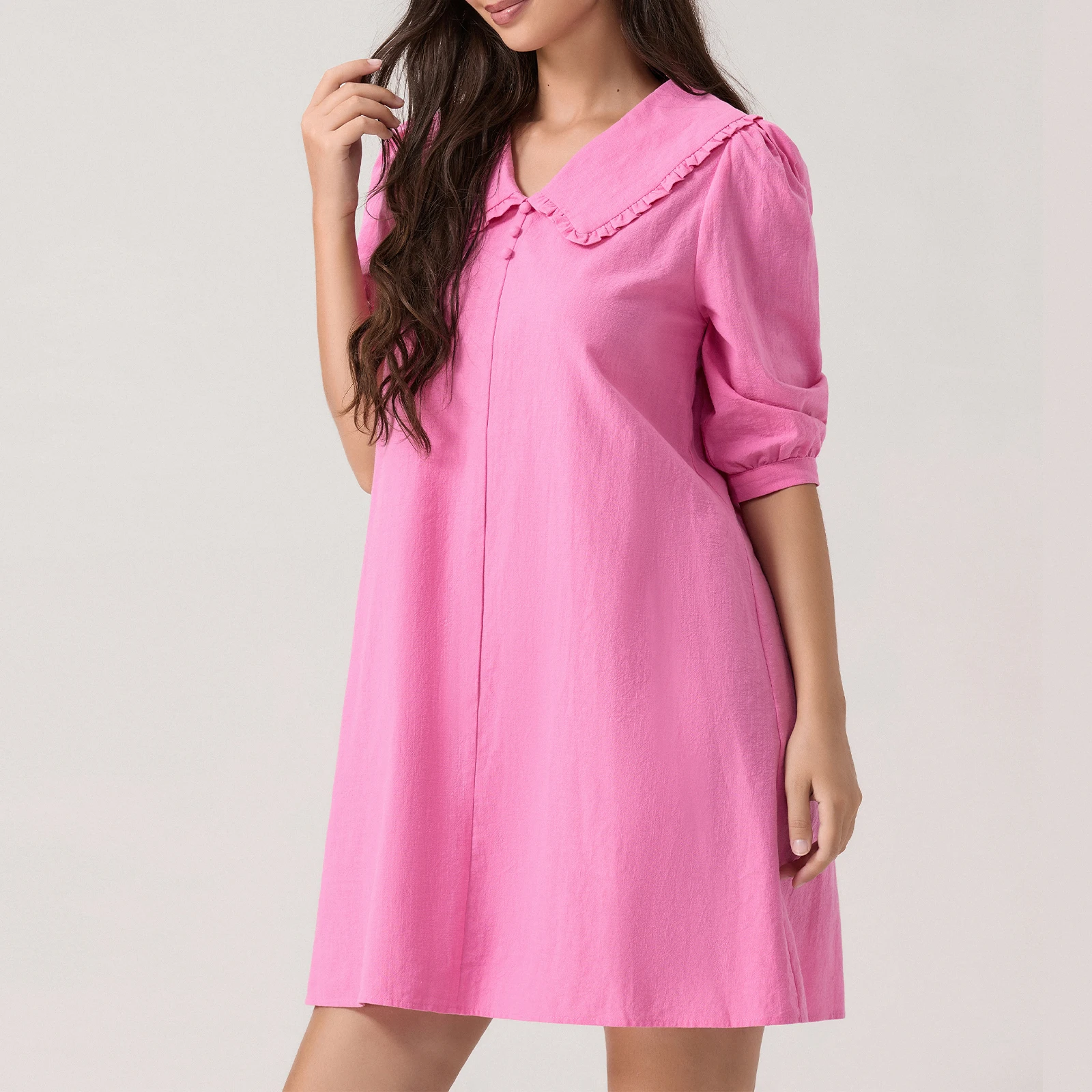 Women Summer Sweet Mini Dress Fashion Half Sleeve Doll Collar Solid Color Dress with 2 Pockets