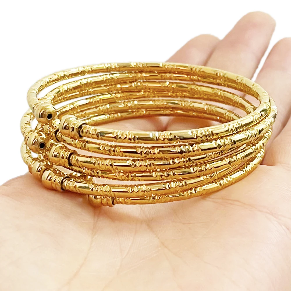6Pcs Gold Plated African Bangle Set for Women Dubai Style Twist Open Cuff Stackable Bracelets Bridal Jewelry