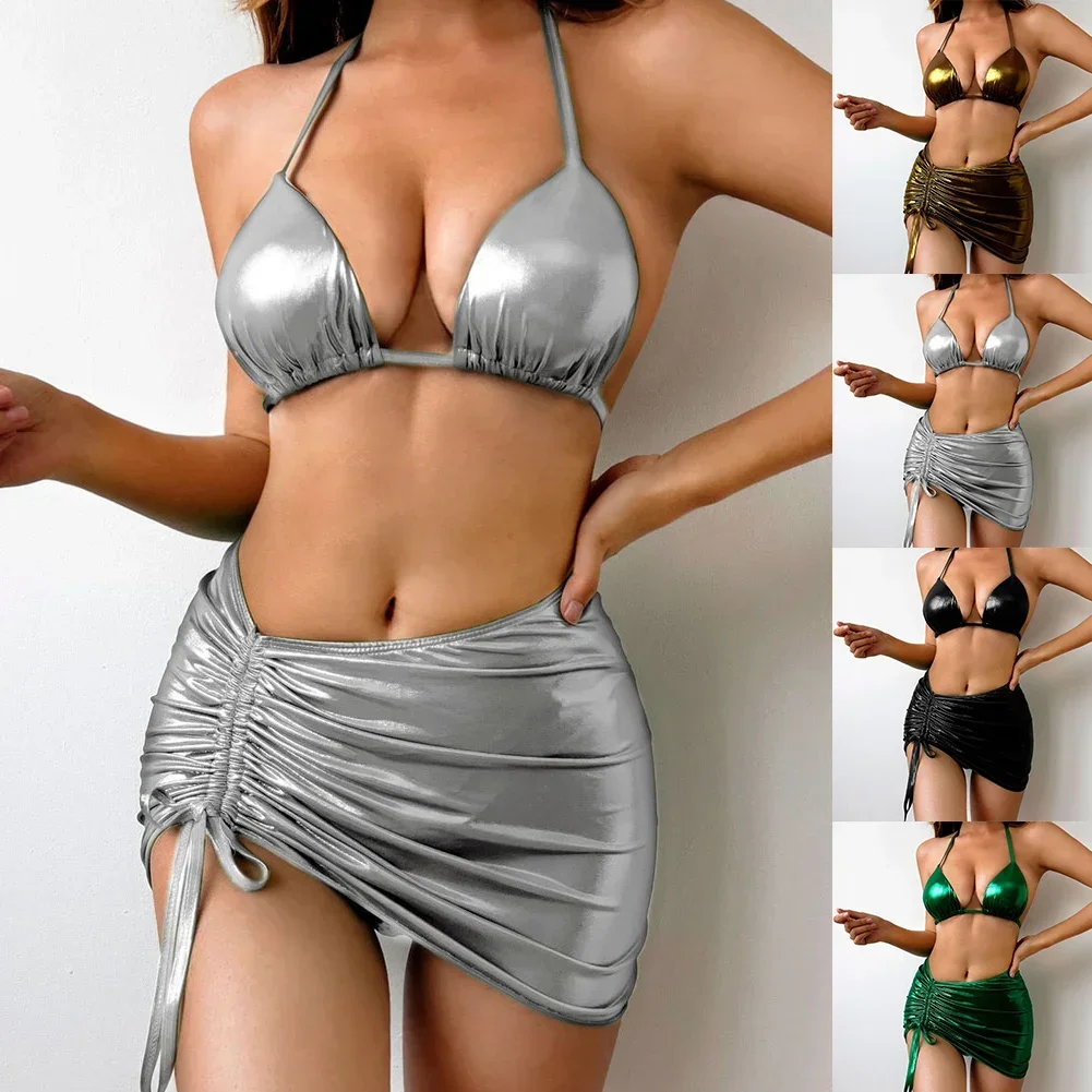 Conjunto de banho biquíni de três peças para mulheres, pijamas exóticos, maiô, cueca de banho, óleo triangular brilhante, brilhante, sexy