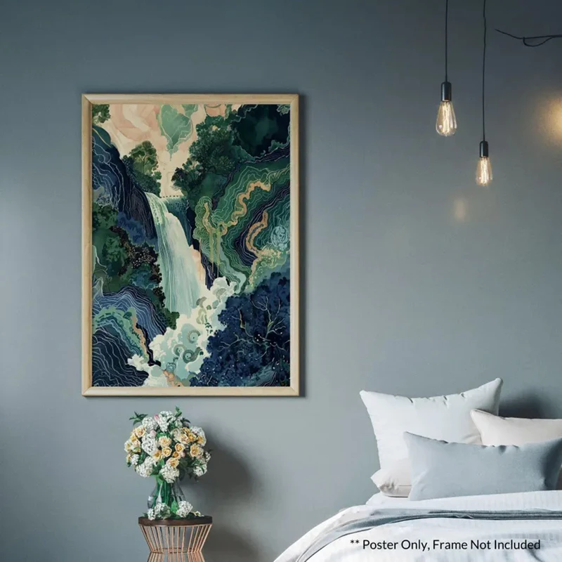 Unframe Hokusai Ukiyo-e Blue Green Japanese Waterfall Asian Landscape Poster Canvas Printing Vintage Wall Art Picture Home Room