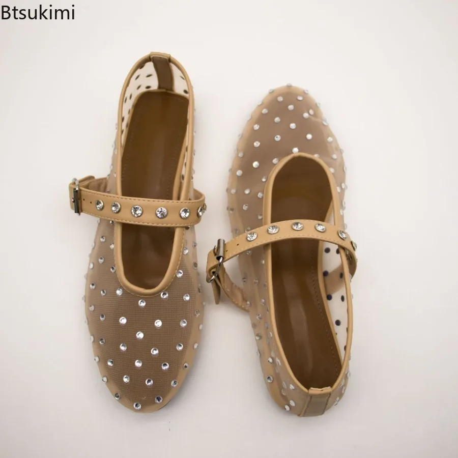 Nude Mesh Flat Shoes with Sparkly Crystals Women Round Toe See-through Breathable Shoes Elegant Ladies Summer Buckle Strap Shoes