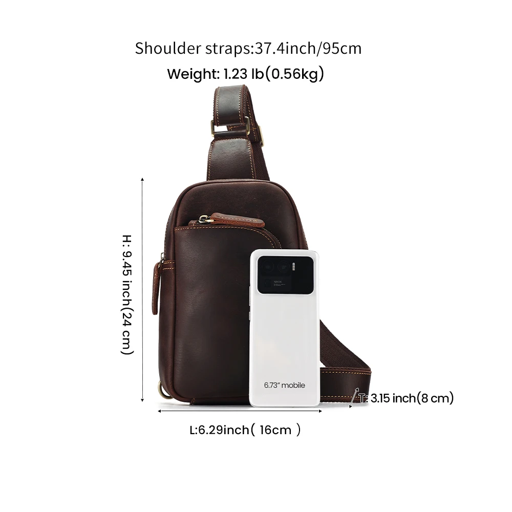 JOYIR Male Crazy Horse Leather Hiking Chest Pack Retro Shoulder Bags for 7.9 inch iPad Crossbody Bag Casual Travel Sling Bag