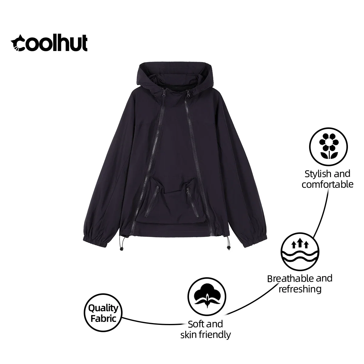 

COOLHUT женская куртка с капюшоном на двойной молнии 2025 года, стильная уличная ветровка с дизайнерскими деталями, осенняя повседневная рабочая одежда