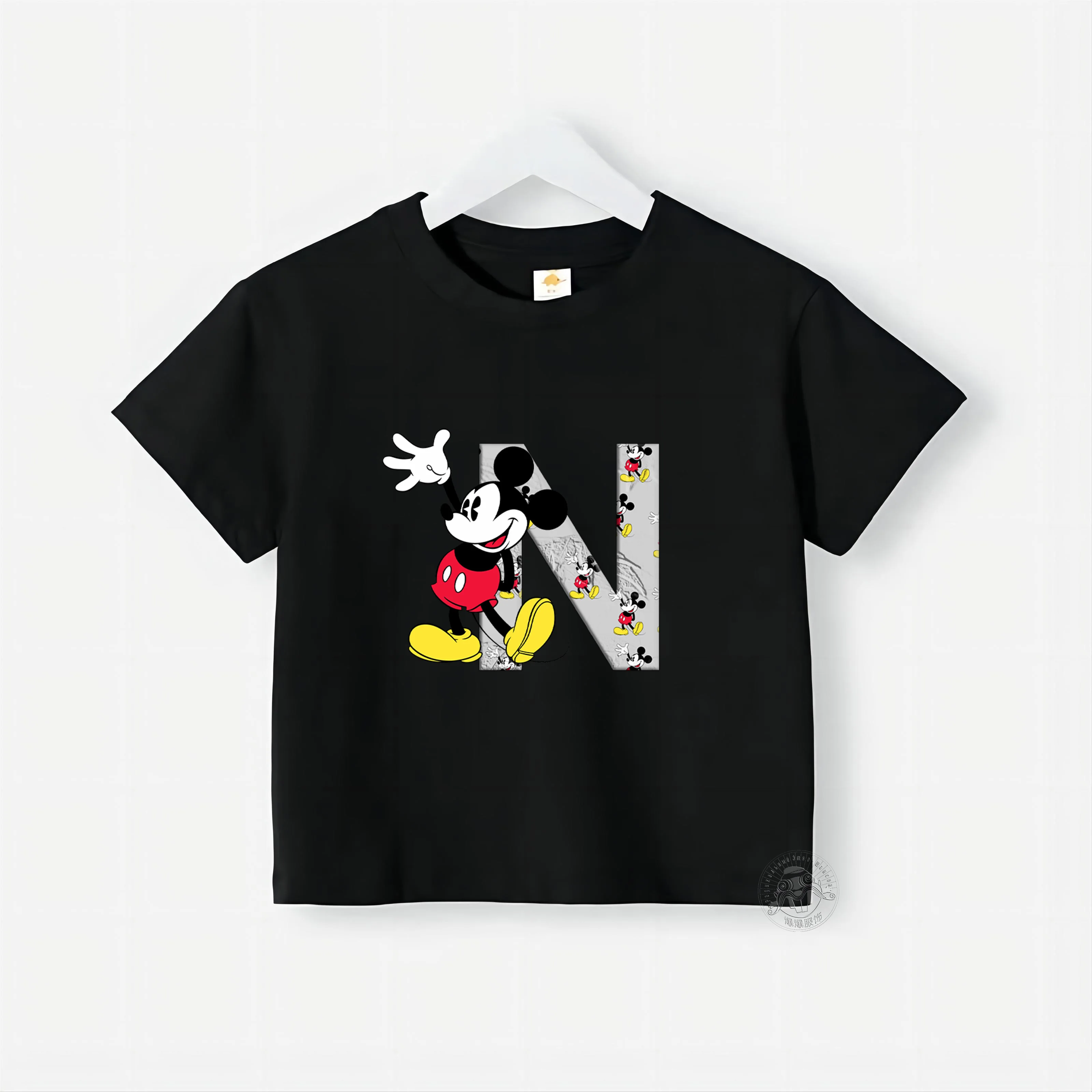 

Disney Mickey Mouse 100% Cotton T-shirt Teen Summer Creative Letter N Printed Short Sleeve T-shirt Top Boys Girls Casual Crewnec