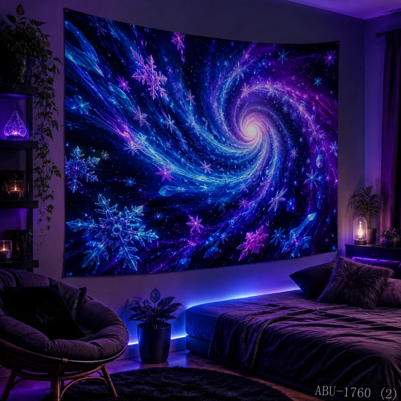 VIKAMA Neon Blue Purple Galaxy Vortex Snowflake Crystal Starry Nebula Ice Christmas Tapestry Wall Hanging Bedroom Living Room