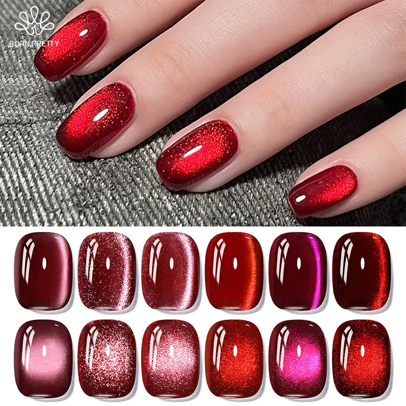 

BORN PRETTY 6 Bottle Red Series Glitter Cat Magnetic Gel Nail Polish Set Long Lasting High Gloss Soak Off Varnish Manicure