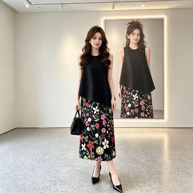 Miyake Pleated 2026 Original New Style Elegant Commuter Casual Floral Skirt Vacation Retro Floral Japanese and Korean Skirt