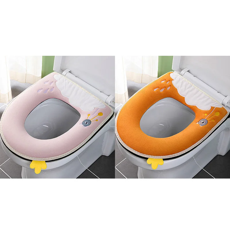 2 Pcs Cartoon Thicken Plush Toilet Seat Cushion Zipper Type Household Four-season Toilet Cover Universal Waterproof Toilet Ring