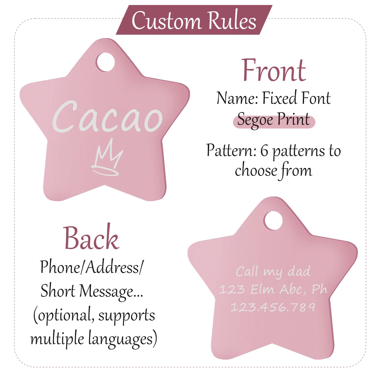 Engraved Dog Id Tag Personalized Pet Collar Pentagram Pendant Name Number Anti-Lost Pet Id Tag Customized Cat Puppy Tags