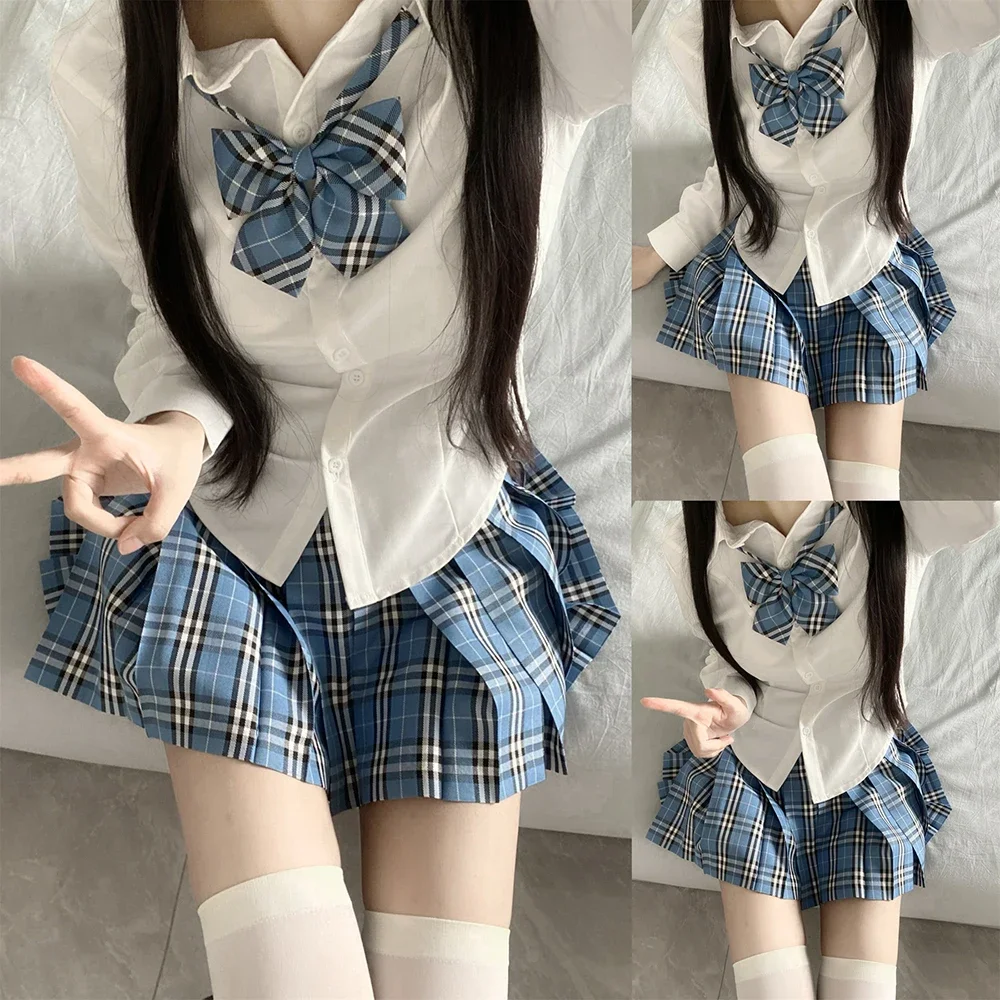 Japanese School Uniform Girl Jk Shirt 3Pc Set Various Styles Long&short Sleeve Plaid Pleated Skirt with Bow Graduation Costumes