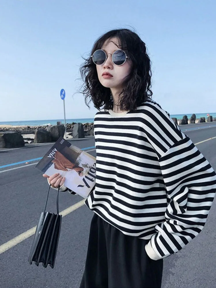 

Hoodies Women Harajuku Gothic stripe cotton Hoodie Clothes Autumn long sleeve loose Kawaii Korean thin Sweatshirt kpop Tops