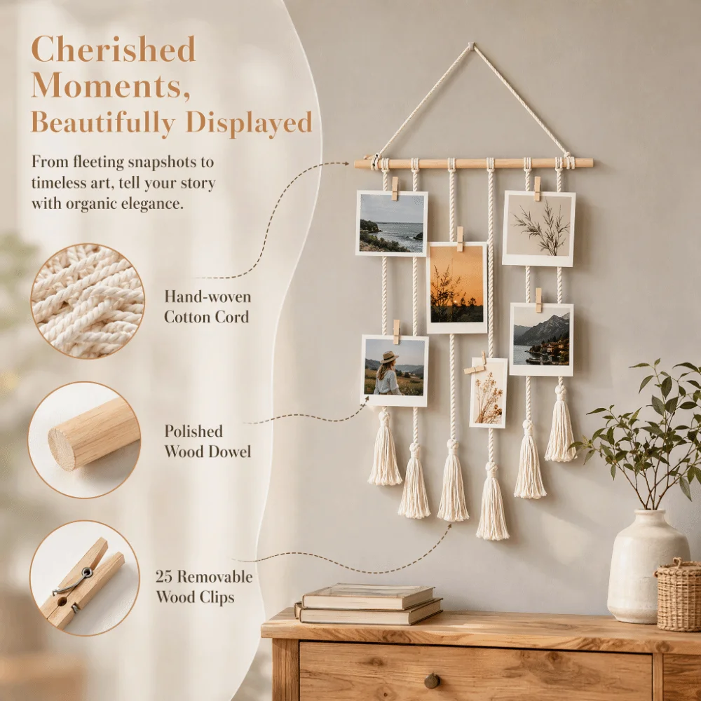 Woven Design Macrame Wall Hanging 25 Wood Clips 25.59 X 15.75 in Hanging Photo Display White Wooden Clips