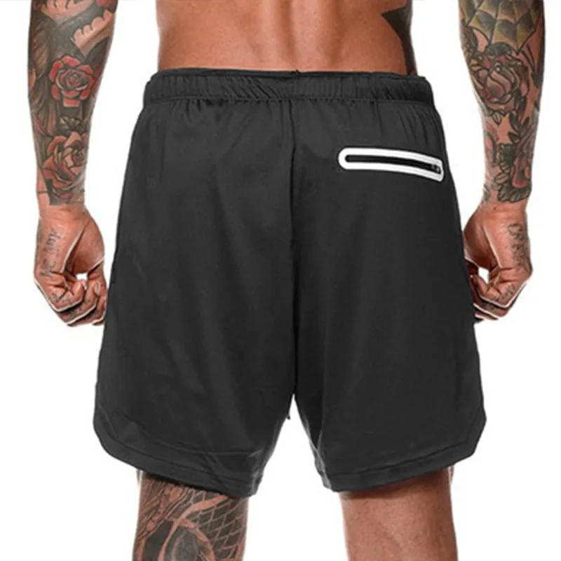 Esportes masculinos europeus verão nova dupla camada calças do telefone móvel ginásio exercício jogging shorts de treinamento