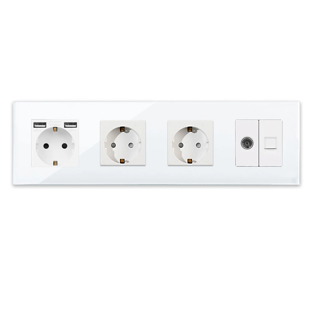 Bingoelec Wall Sockets with TV CAT6 Type C Outlet Double USB Socket Internet Rj45 Network Connector Glass Panel EU Standard Home