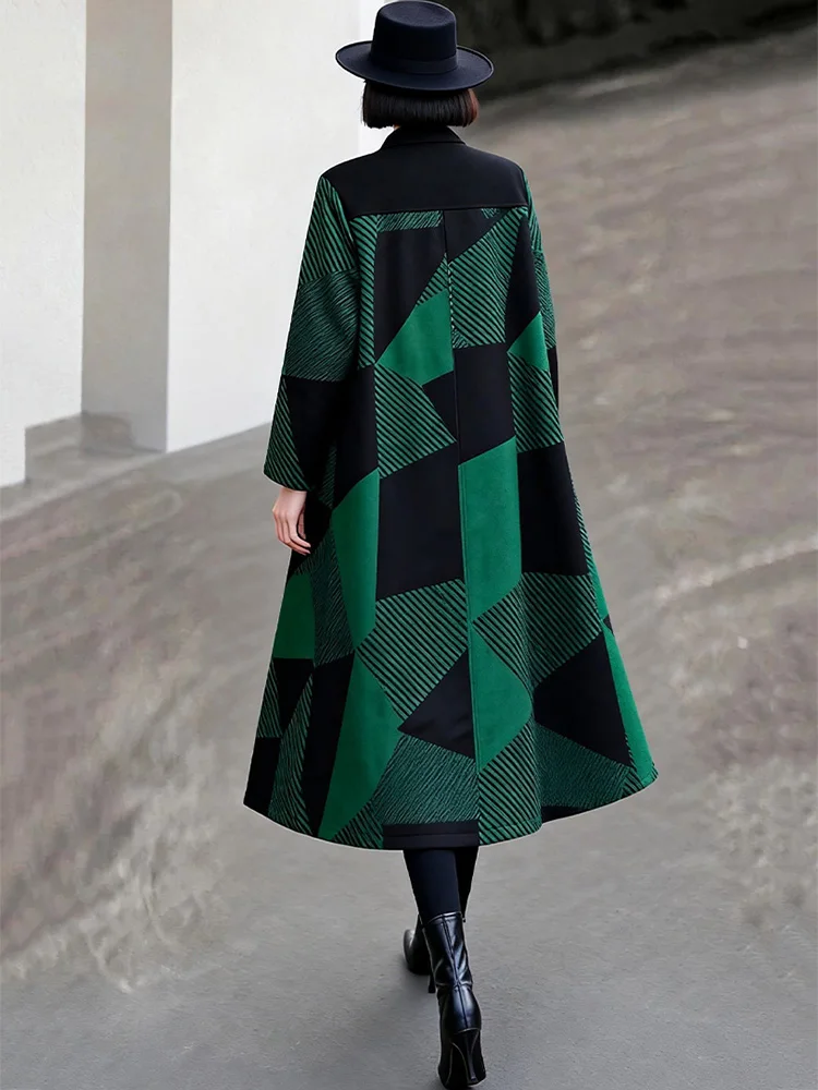 New Women Striped Woolen Coat Autumn Fashion Stand Collar Single Breasted Loose Waist Wool Blended Coat Casual Simplicity Coat