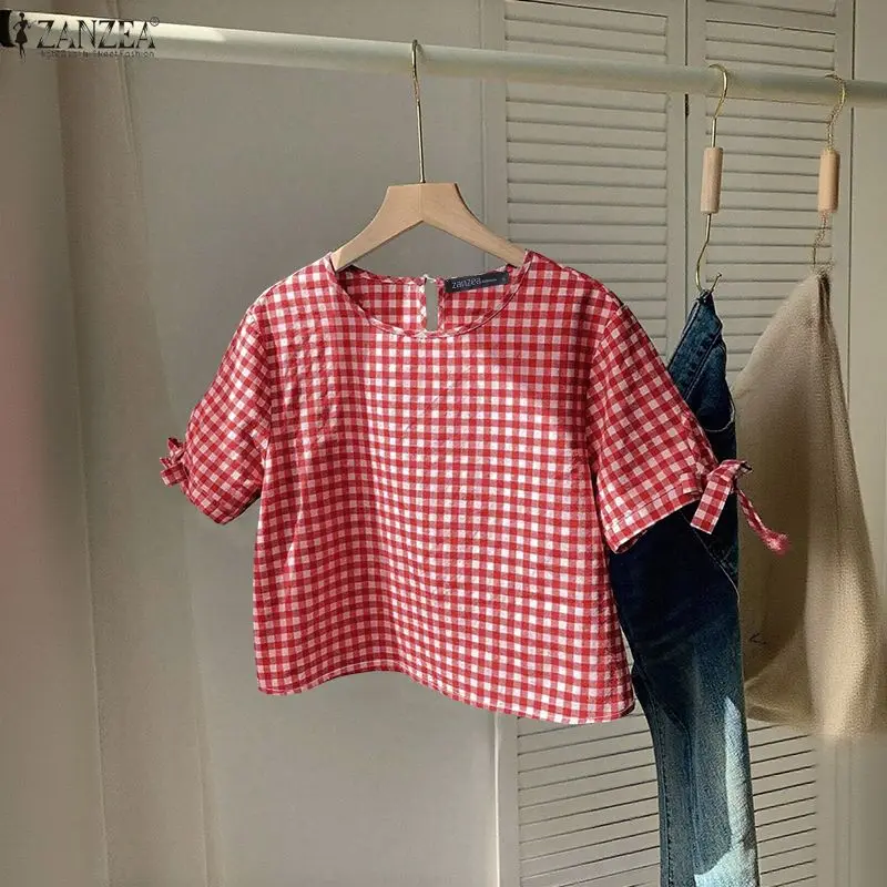 

Летняя блузка ZANZEA 2026 с коротким рукавом в клетку, элегантная женская рабочая рубашка, повседневный топ с круглым вырезом, на шнуровке, праздничная укороченная туника