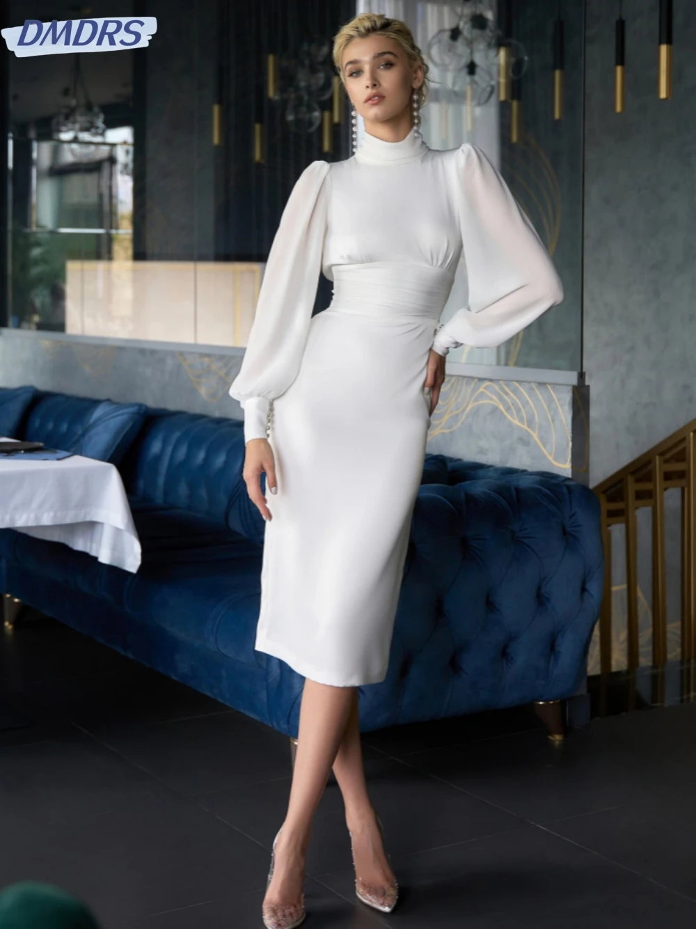 

Modest High Collar Long Sleeve Bride Robe Classic Puff Sleeve Bridal Gown Graceful Knee-length Wedding Dress Robe De Mariée