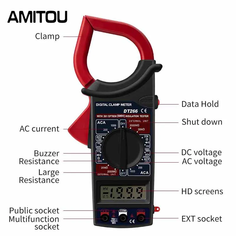 Profesjonalny miernik cęgowy AMITOU DT266 z wyświetlaczem LCD 1999, miernik cęgowy AC/napięcie prądu stałego, Tester, uchwyt cyfrowego miernika