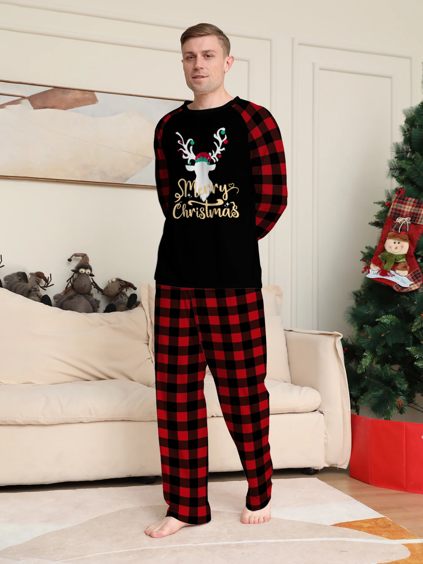 Christmas Couple Pajamas Set: Black Tops with Reindeer & 'Merry Christmas' Print, Red - Black Plaid Pants