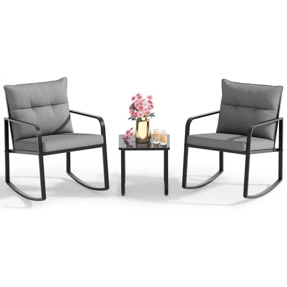 

3 Piece Rocking Bistro Set, Black Steel Patio Furniture, Porch Chairs Conversation Set with Glass Coffee Table, Back Cushion, f