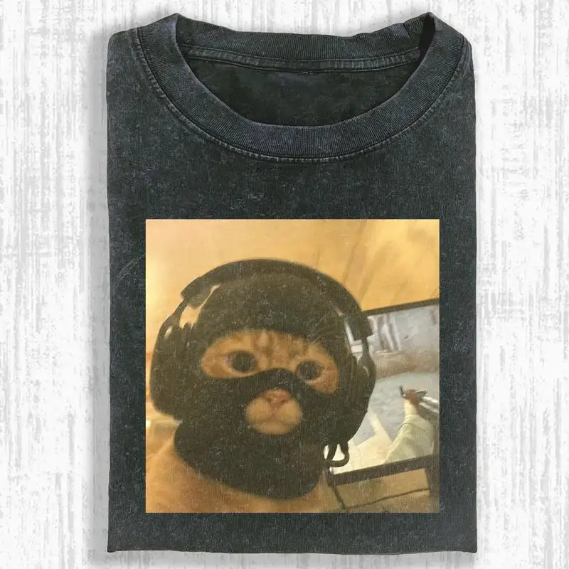 

Винтажная футболка с круглым вырезом с забавным котом, тяжелая, стандартная посадка, повседневные, удобные, дышащие, забавные футболки с короткими рукавами