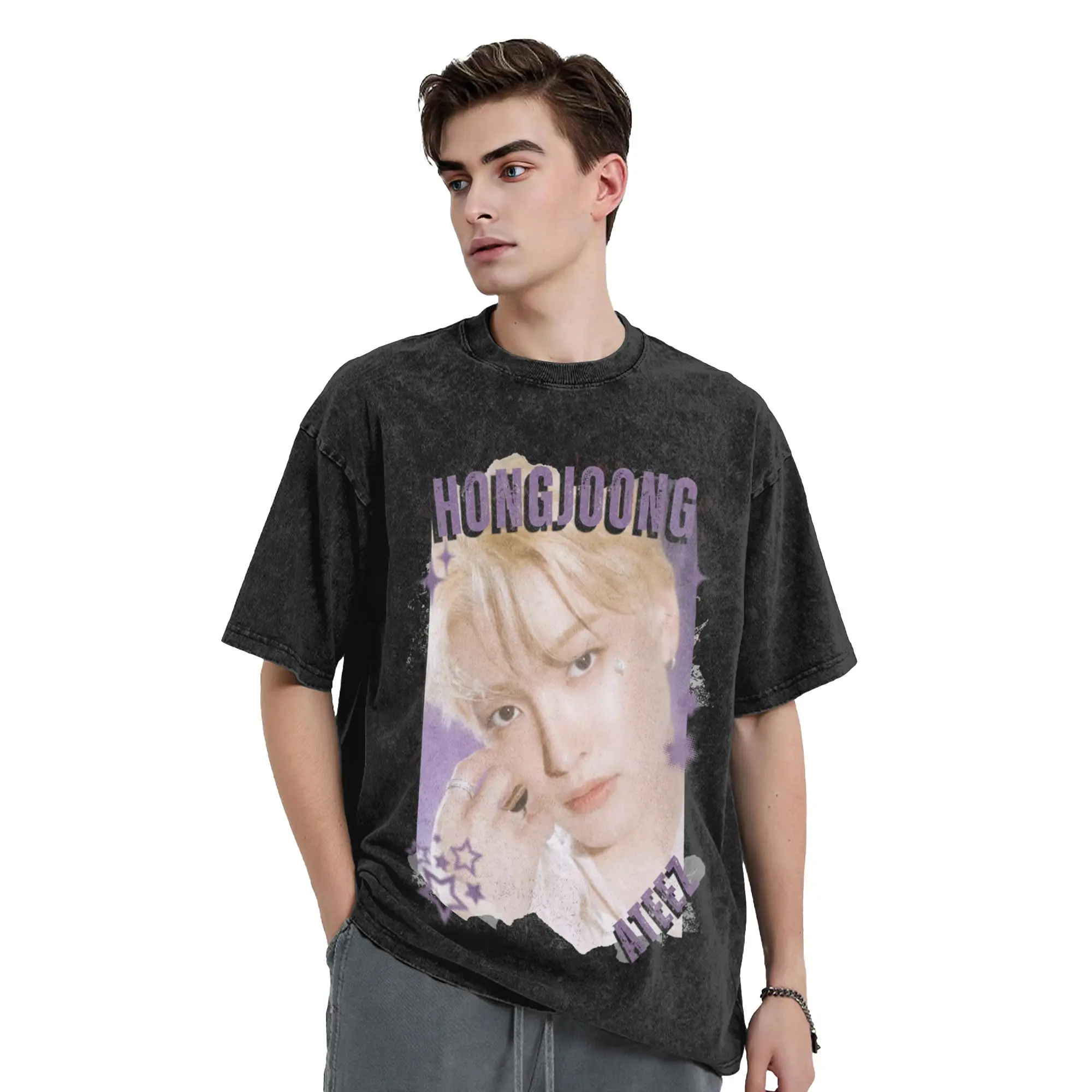 Kpop Boy Group A-Ateez Hongjoong Washed T Shirts Streetwear  T-Shirt  Tees Tops for Men Women 100% Cotton High Street Summer
