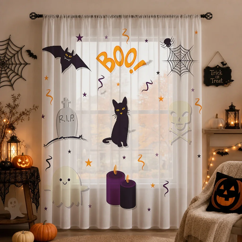 Halloween Festival Sheer Curtain, Good Quality Light Reducing Privacy Voile For Living/Bedroom/Kids Room,Halloween Festival Gift