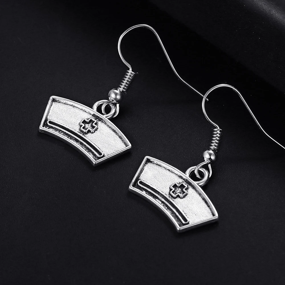 Trendy Vintage Nurse Cap Shape Dangle  Antique Silver Plated Earrings for Women and Man Retro Cute Punk Drop Earrings Jewelry