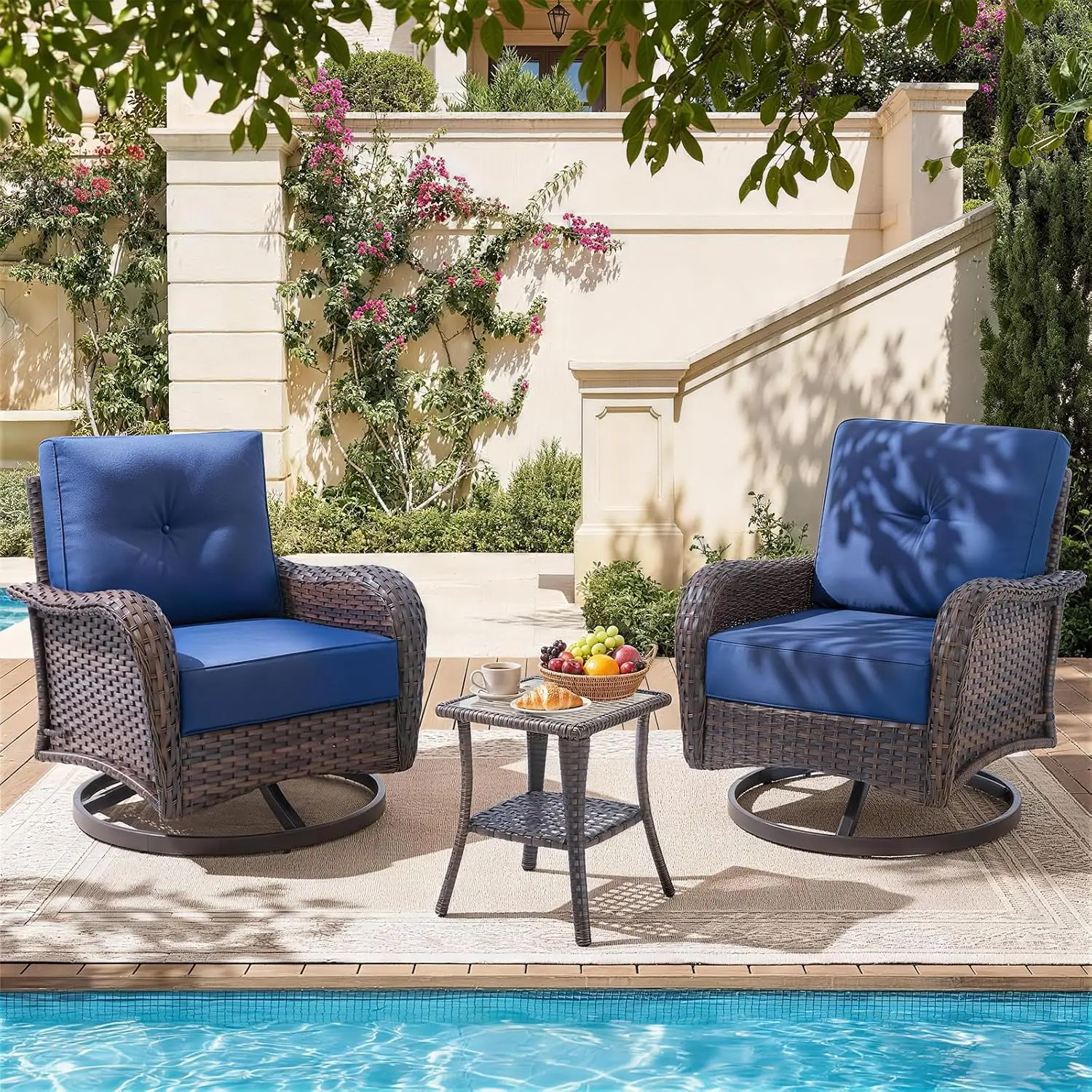 Patio Swivel Rocker Chair Set with Table All-Weather Wicker Rattan 6-Inch Cushion Porch Backyard Deck Navy 3 PCS, Customized