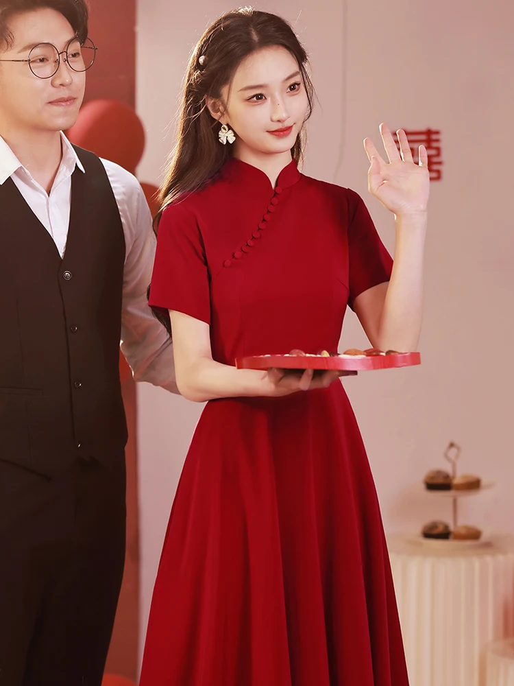 

Red Wedding Dr Rehearsal Dinner Qipao Dr ort Sve Zipper Sle A-Line Skirt Vintage Wind Women's Clothing Flag Robe