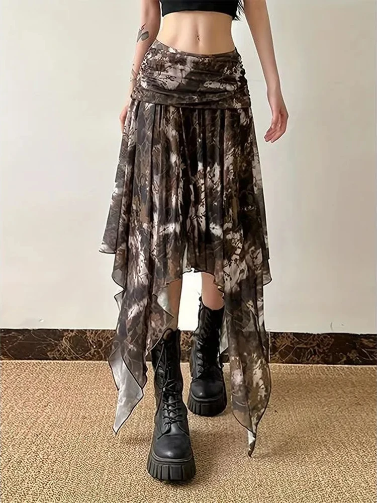 Retro Women Midi Skirt Summer Wasteland Mesh Patchwork Irregular Skirts Printing Streetwear Hotsweet High Waist Female Y2k Skirt