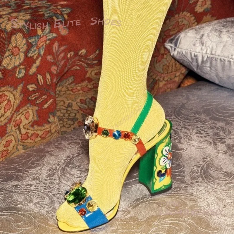 

Colorful Ethnic Style Graffiti Sandals Women Flower Print Blue Gemstone Thick Bead Open Heels Round Toe Buckle Ankle Chain Shoes