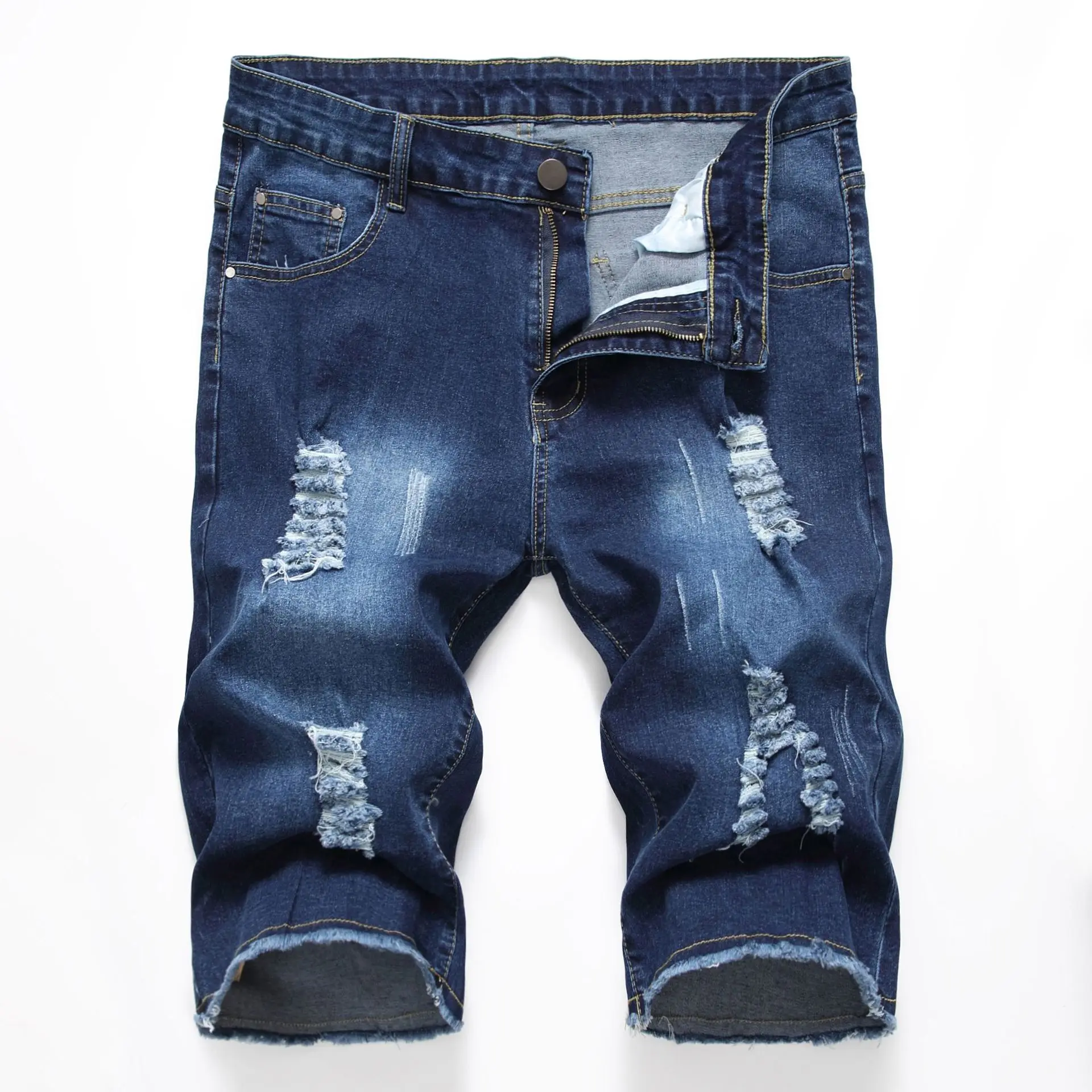 Men's Five Quarter Denim Shorts Brand Quality Elastic Puncture  Edge Grinding Slim fit Distressed Washed Spring Summer