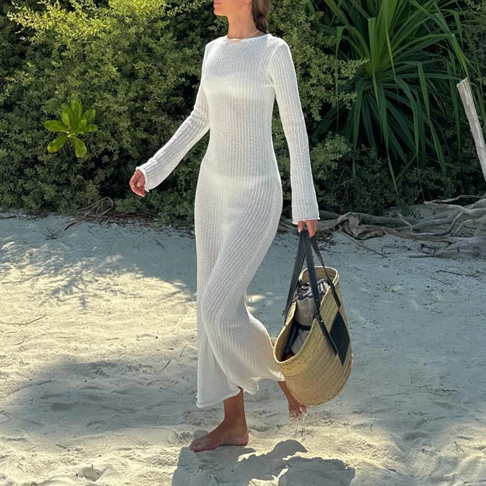 Women Long Dress Solid Color See-Through Round Neck Long Sleeve Knit Dress Summer Beach Holiday Dress Cover-Ups