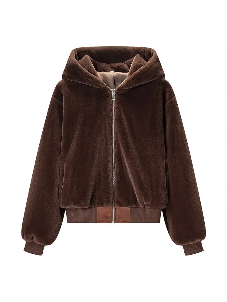 여성 가을 루즈핏 긴팔 지퍼 장식 후드 숏 코트 여성 캐주얼 스트릿웨어 포켓 투톤 솔리드 재킷