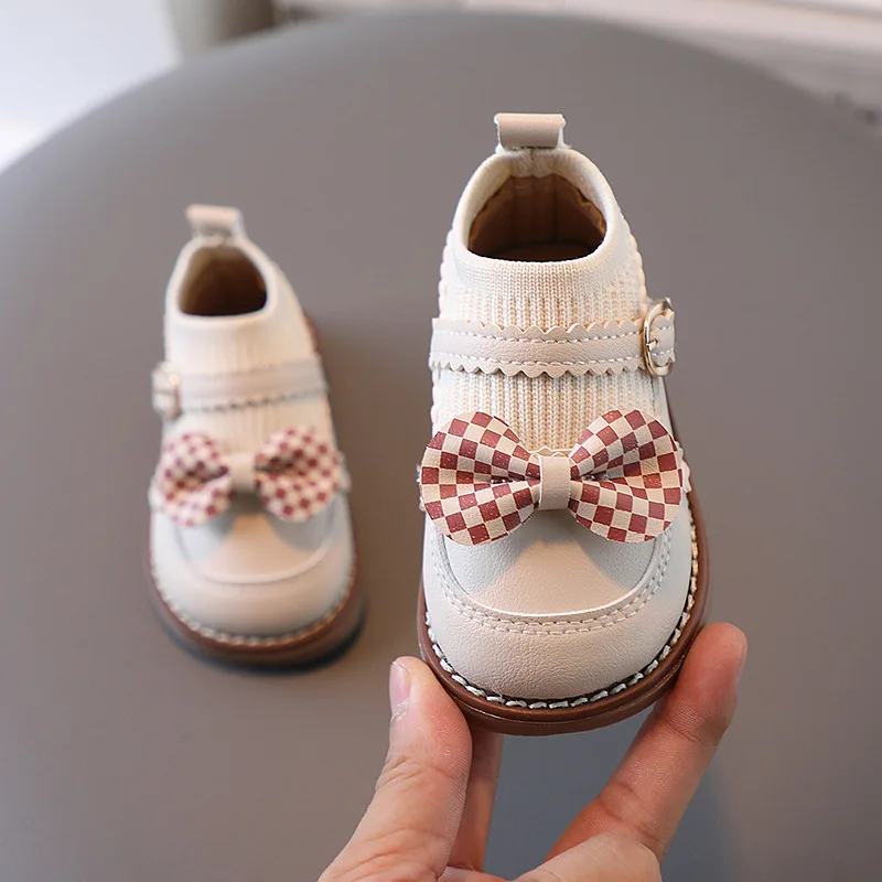 New Kids Casual PU Leather Shoes Soft Bottom Shoe with Butterfly Knots Toddler Girls Children Anti-slip Baby Flat Princess Shoes