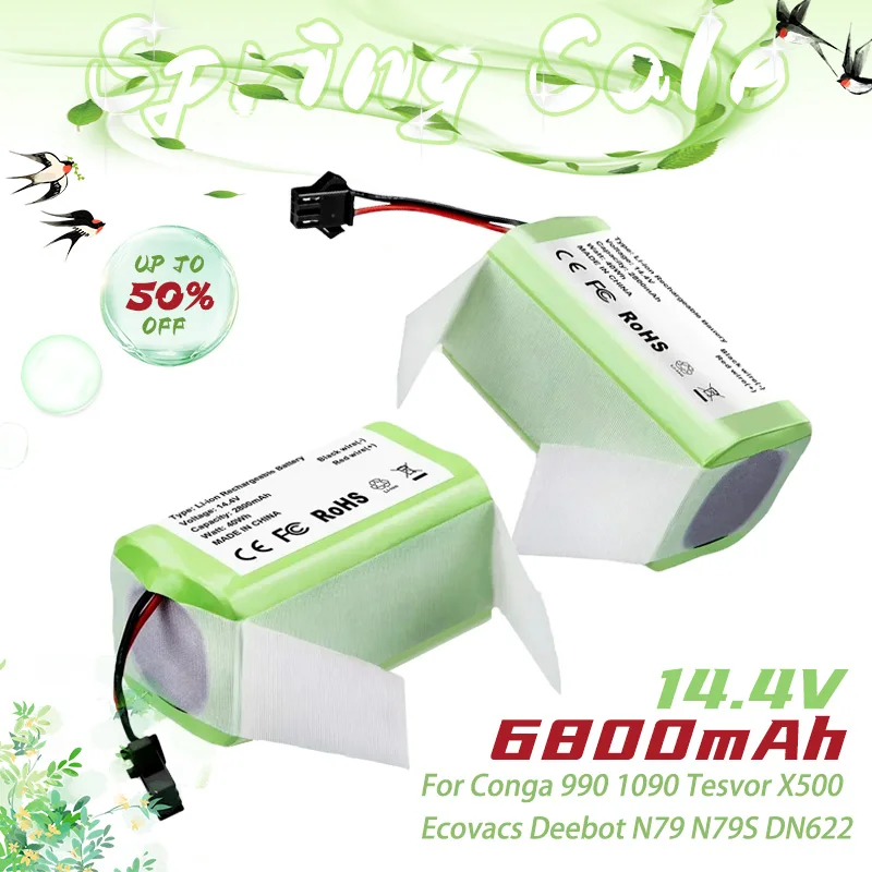 Enhanced Performance 14.4V 6800mAh  for Cecotek Conga 990 1090 Tesvor X500 Ecovacs Deebot Robot Vacuum Cleaner Replacement