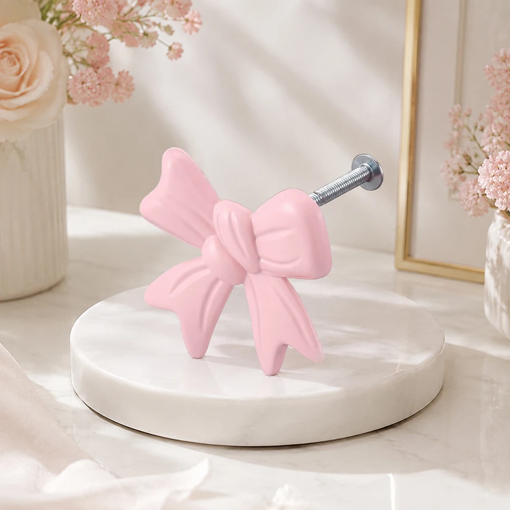 Classic Pink Bow Cabinet Pulls Drawer Handle Zinc Alloy Metal Pulls for Home Bedroom Kitchen Hardware Cupboard