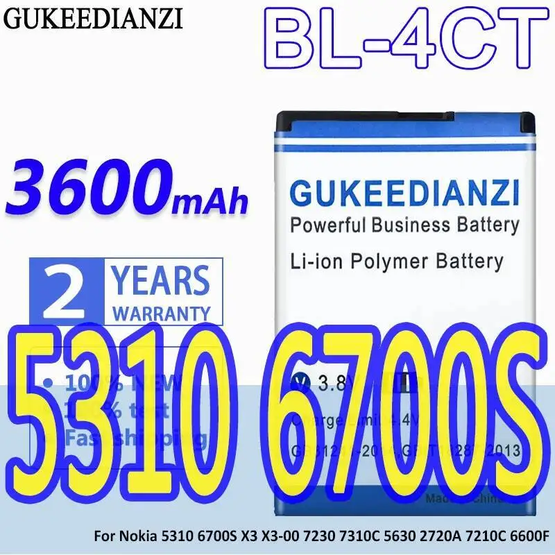 

Долговечный аккумулятор для мобильного телефона Nokia 5310 6700S X3 X3-00 7230 7310C 5630 2720A 7210C 6600F BL 4CT 3600 мАч BL-4CT