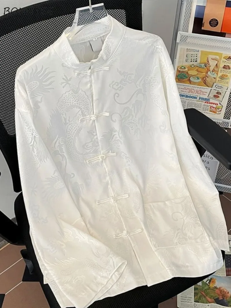 

Women Shirt Chic New Chinese Style All-match Ice-silk Casual Elegant Streetwear Embroidery Design Harajuku Gentle Unisex Tops