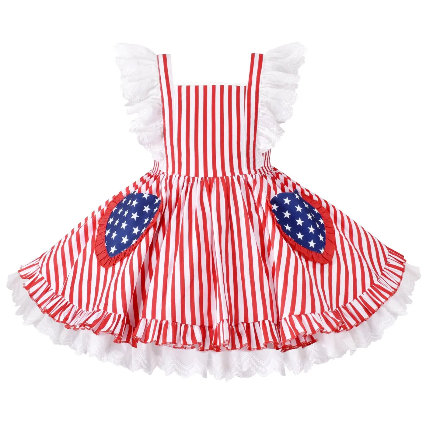 Girls Dress Flutter Sleeve Puffy Star Stripe Pocket National Day July 4th