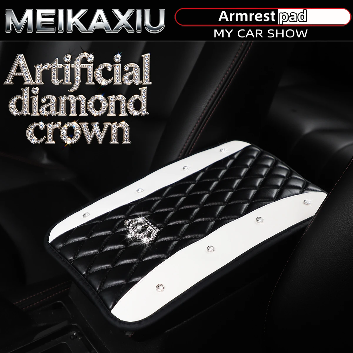 New Women's PU Leather Embroidered with Artificial Diamonds and Glittering Metal Crown - BlingBling Car Console Cover Pad image 3