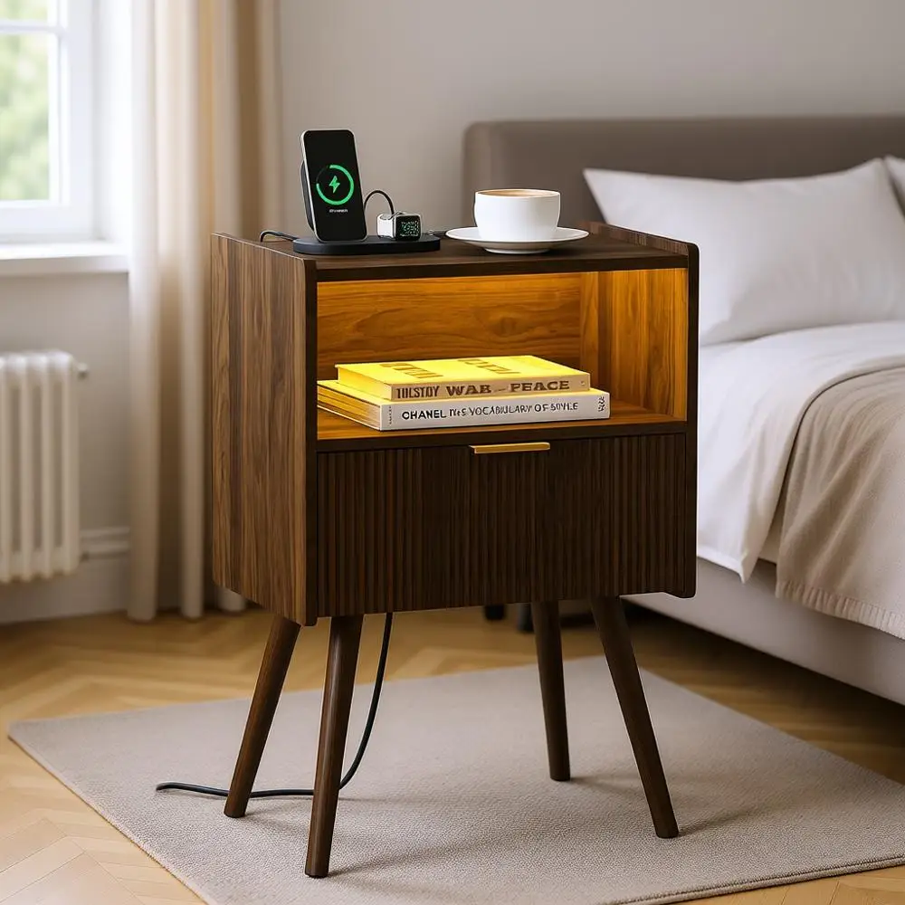 

Contemporary Walnut Nightstand with Charging Dock, LED Lighting, Storage Drawer, Open Shelf, and Solid Wood Legs for Living Room