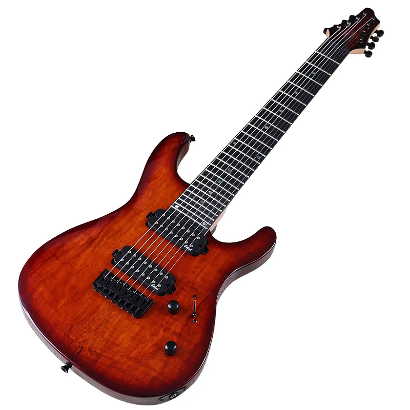 7/8 Strings Tree Burl Top Electric Guitar 39 Inch Red Solid Okoume Wood Body Matte Finish 24 Frets 5 Pcs Maple Wood Combine Neck